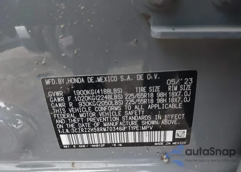 2024 Honda Hr-V Awd Sport/Awd Sport W/O Bsi из США, поврежденный, VIN 3CZRZ2H58RM703469